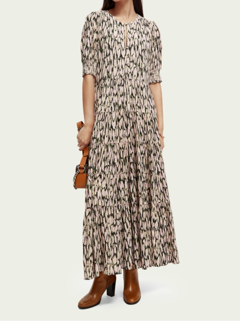 Scotch & Soda Pink and Black Abstract Tiered Short Sleeve Maxi Dress Size Small